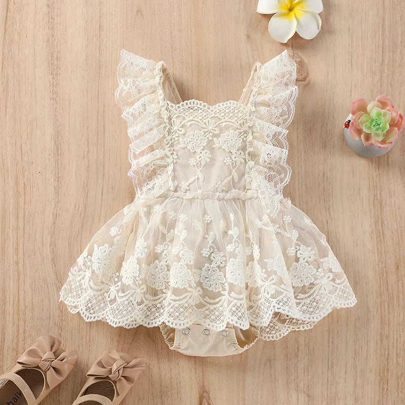 CosmiTots  Baby Lace Bodysuit with Embroidered Flowers