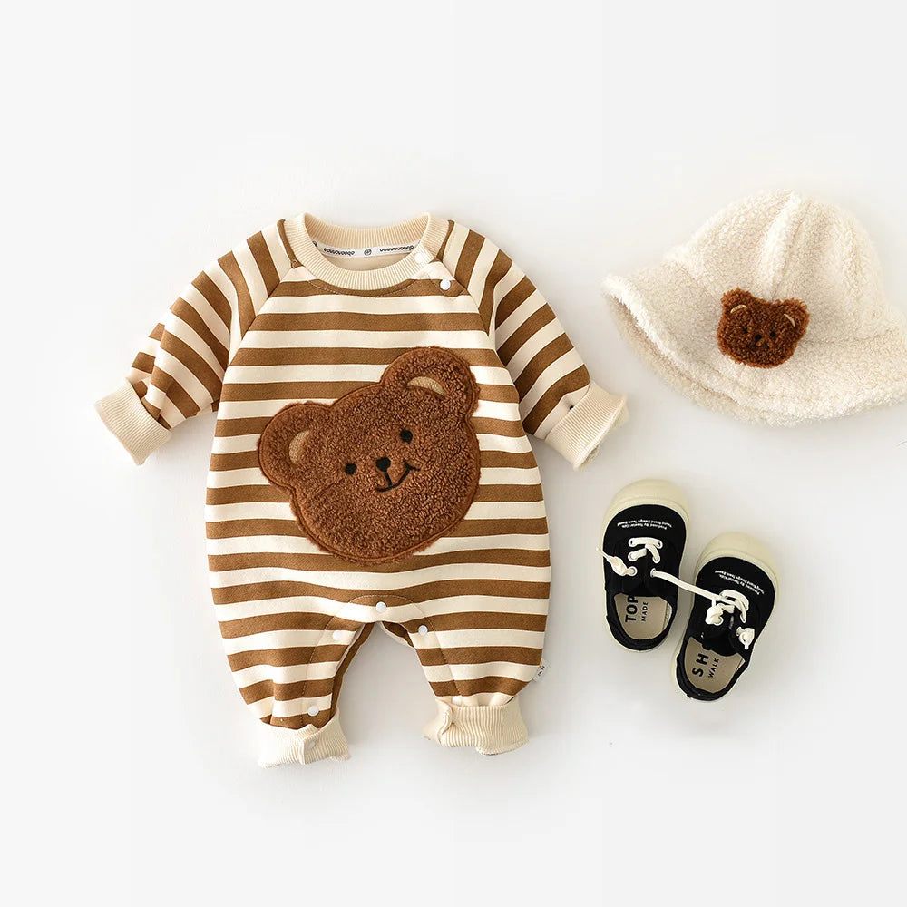 CosmiTots Striped Baby Romper with Bear Design