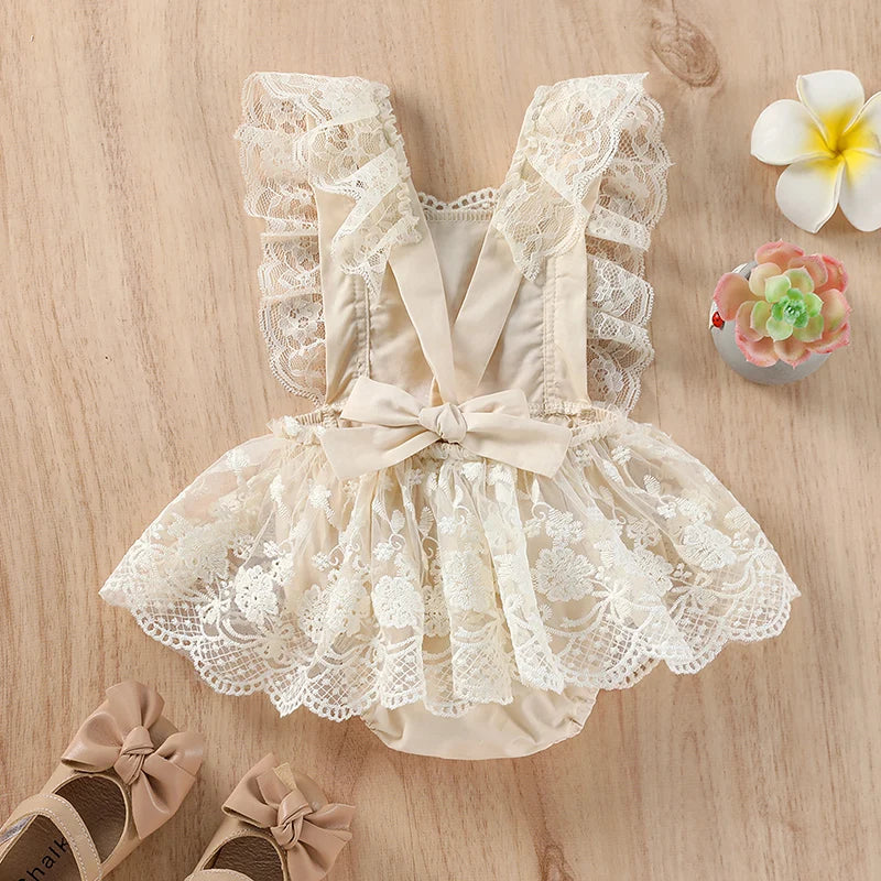 CosmiTots  Baby Lace Bodysuit with Embroidered Flowers